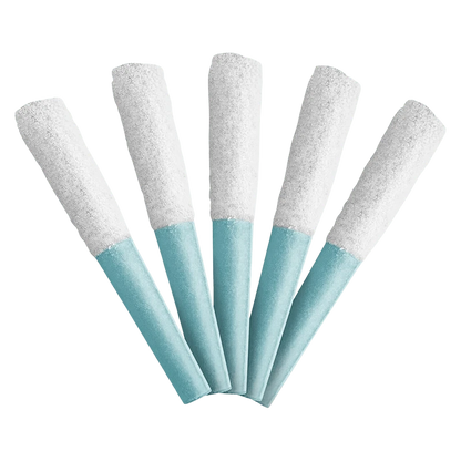 Five teal-and-white cones fanned out against a white background, Berry Blaze Double Diamond Infused PR 5 x 0.4 g.