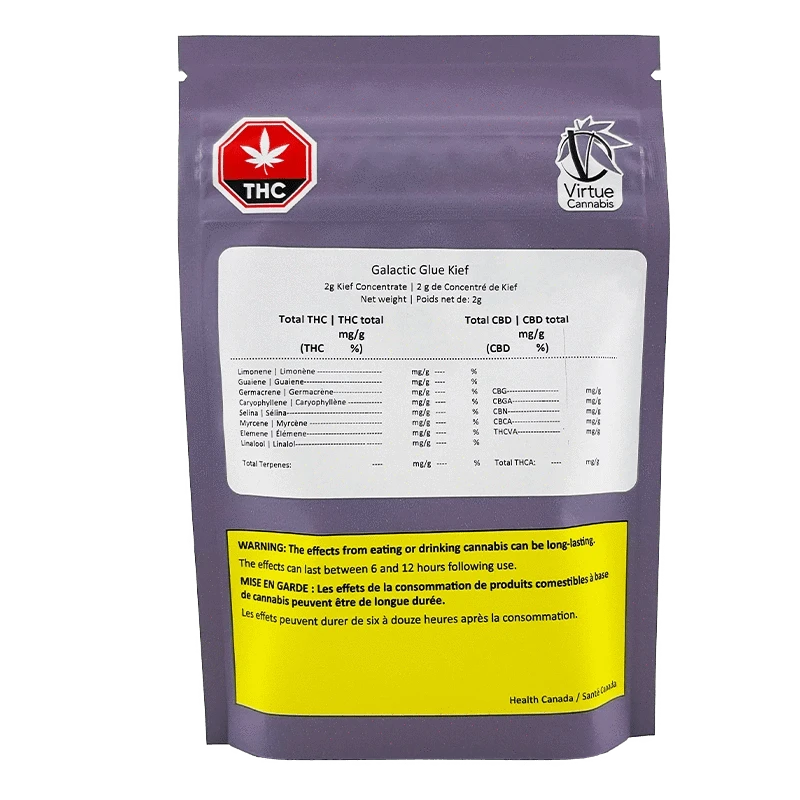 Rear view of a purple pouch labeled Galactic Glue Kief with a white product panel, THC symbol top-left, Virtue Cannabis logo top-right, and a yellow warning panel.