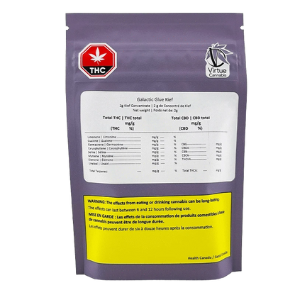Rear view of a purple pouch labeled Galactic Glue Kief with a white product panel, THC symbol top-left, Virtue Cannabis logo top-right, and a yellow warning panel.
