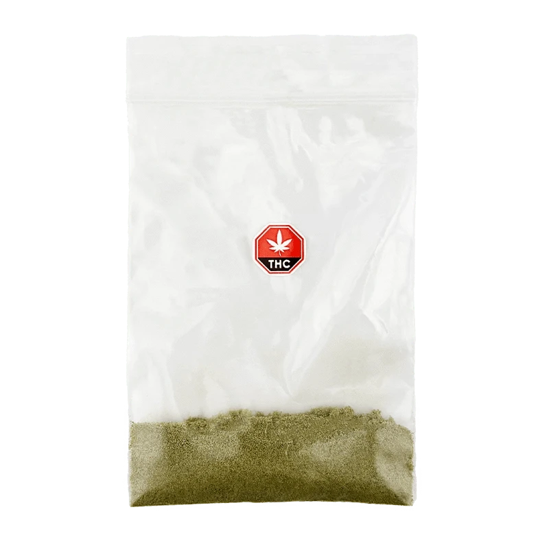 Clear front-facing photo of a zip-top bag labeled Galactic Glue Kief showing a thin layer of greenish kief against a white background and a small red THC emblem.