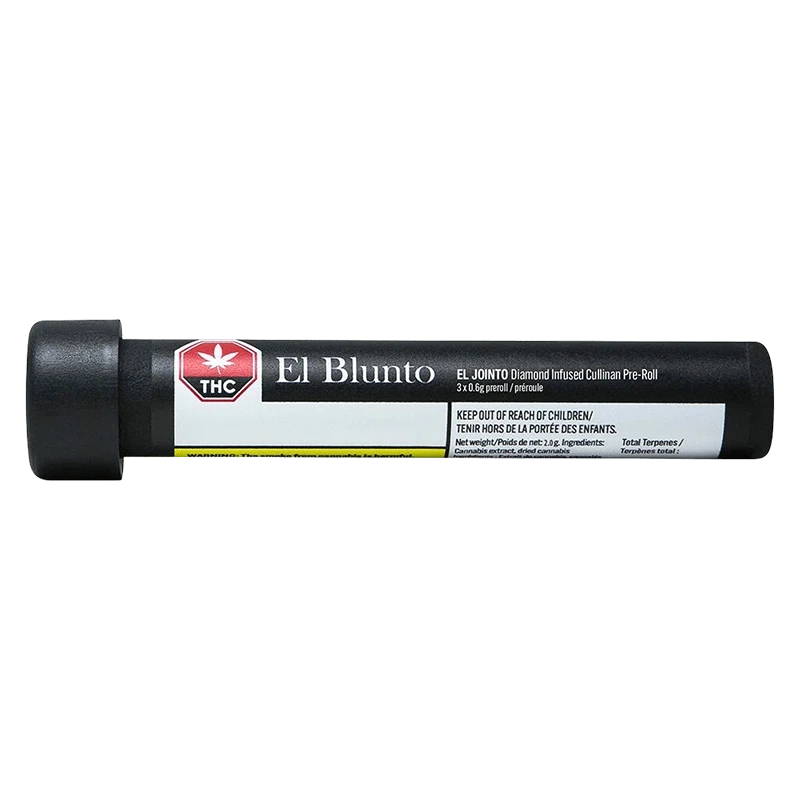 Horizontal studio shot of the black tube packaging labeled El Jointo Diamond Infused PR 3 x 0.6 g with a red THC symbol and white product information strip.