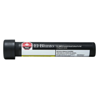 Horizontal studio shot of the black tube packaging labeled El Jointo Diamond Infused PR 3 x 0.6 g with a red THC symbol and white product information strip.