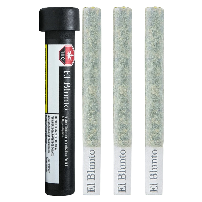 Product-style image showing three straight El Jointo Diamond Infused PR 3 x 0.6 g pre-rolls standing beside a black El Blunto tube.