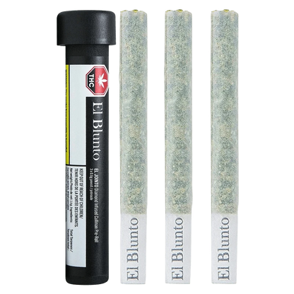 Product-style image showing three straight El Jointo Diamond Infused PR 3 x 0.6 g pre-rolls standing beside a black El Blunto tube.