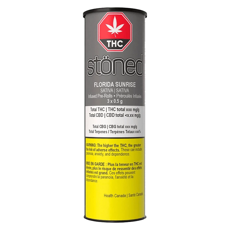 Center-frontal shot of the cylindrical Stöned Florida Sunrise Infused PR 3 x 0.5 g tube against a plain background, showing gray upper labeling, a red THC symbol, and a yellow warning block.