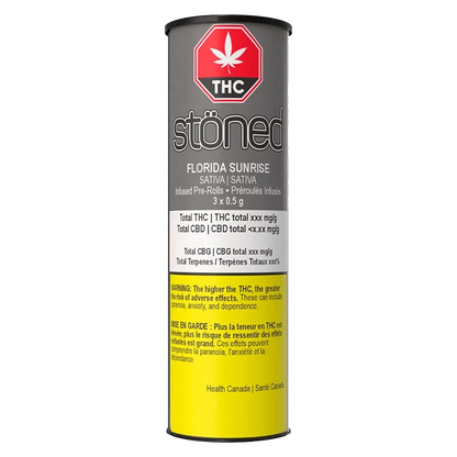 Center-frontal shot of the cylindrical Stöned Florida Sunrise Infused PR 3 x 0.5 g tube against a plain background, showing gray upper labeling, a red THC symbol, and a yellow warning block.
