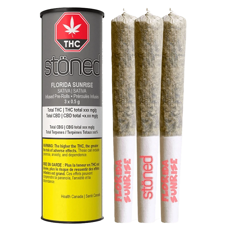 Front-facing shot of the Florida Sunrise Infused PR 3 x 0.5 g tube standing next to three rolled joints against a white background.