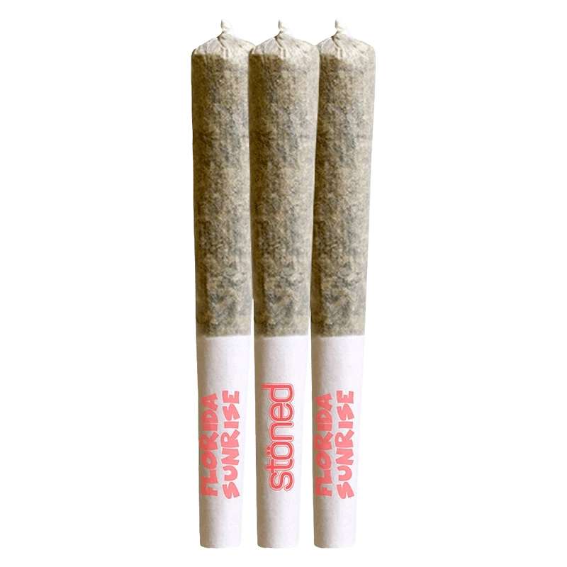 Top-down view of three pre-rolled joints labeled "Florida Sunrise Infused PR 3 x 0.5 g" standing side by side on a white background.