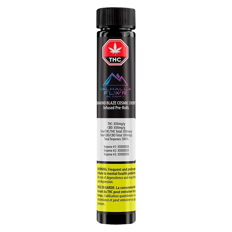 Straight-on view of a black tube labeled Diamond Blaze Cosmic Cherry Infused PR 3 x 0.5 g with a red THC octagon and rainbow Valhalla FLWR logo.