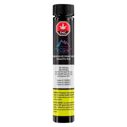 Straight-on view of a black tube labeled Diamond Blaze Cosmic Cherry Infused PR 3 x 0.5 g with a red THC octagon and rainbow Valhalla FLWR logo.