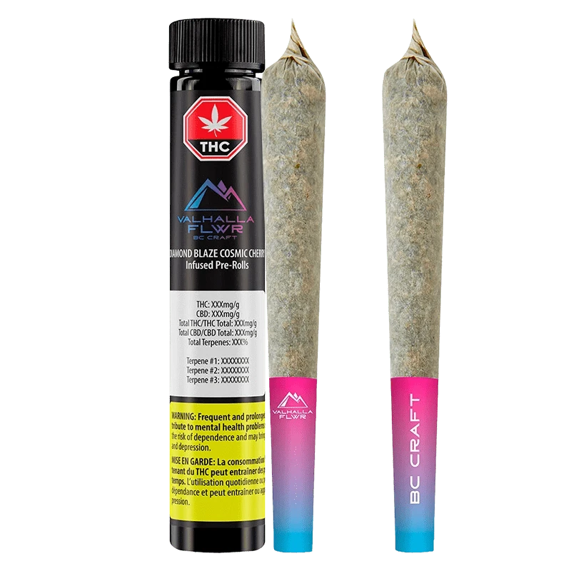 Center-front view of a black tube and two paper-wrapped joints labeled "Diamond Blaze Cosmic Cherry Infused PR 3 x 0.5 g" with a pink-to-blue gradient filter tips.