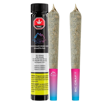 Center-front view of a black tube and two paper-wrapped joints labeled "Diamond Blaze Cosmic Cherry Infused PR 3 x 0.5 g" with a pink-to-blue gradient filter tips.