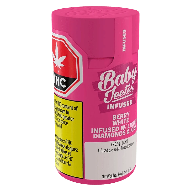Angled front view of the bright pink Berry White Infused PR 3 x 0.5 g cylinder showing bold "Baby Jeeter" branding, THC warning symbol, and product text.