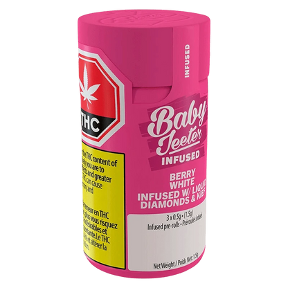Angled front view of the bright pink Berry White Infused PR 3 x 0.5 g cylinder showing bold "Baby Jeeter" branding, THC warning symbol, and product text.