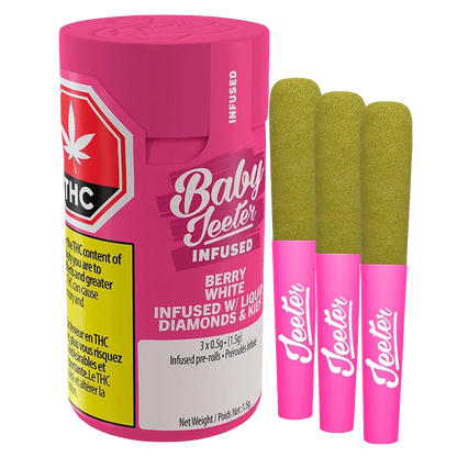 Three-quarter view of a bright pink Baby Jeeter Infused Berry White PR 3 x 0.5 g container beside three pink‑sleeved pre-rolls with greenish tops.