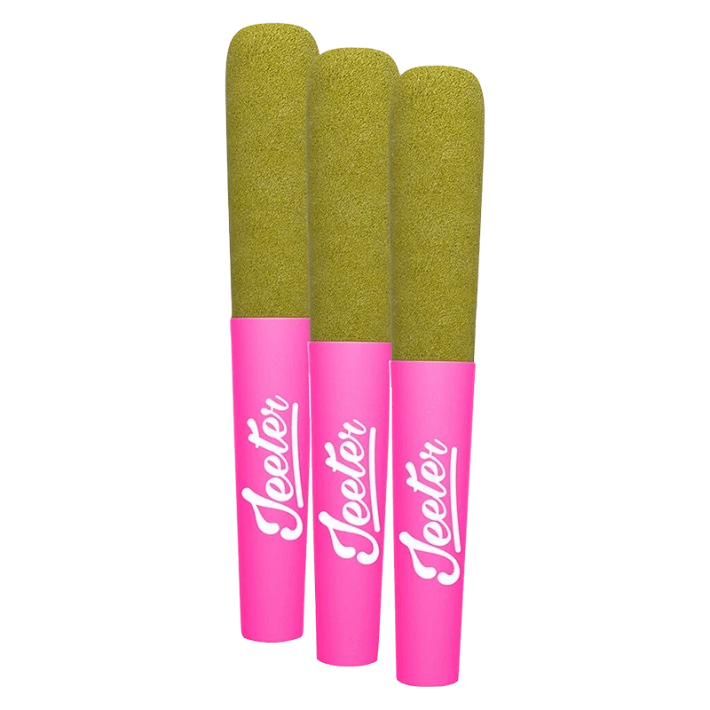 Three upright Berry White Infused PR 3 x 0.5 g pre-rolls with olive-green tips and bright pink Jeeter-branded filters against a plain background