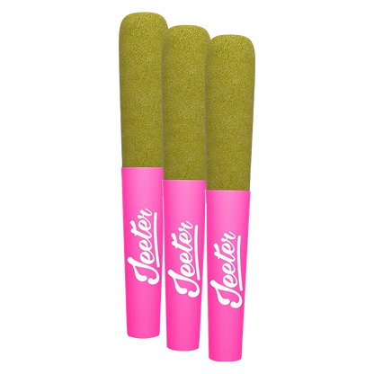 Three upright Berry White Infused PR 3 x 0.5 g pre-rolls with olive-green tips and bright pink Jeeter-branded filters against a plain background