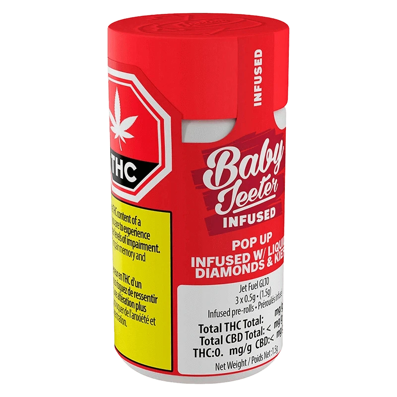 Angled three-quarter view of the red Pop Up Infused PR 3 x 0.5 g cylinder showing bold white "Baby Jeeter" branding, THC warning label, and a cutout handle.