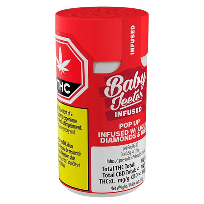 Angled three-quarter view of the red Pop Up Infused PR 3 x 0.5 g cylinder showing bold white "Baby Jeeter" branding, THC warning label, and a cutout handle.