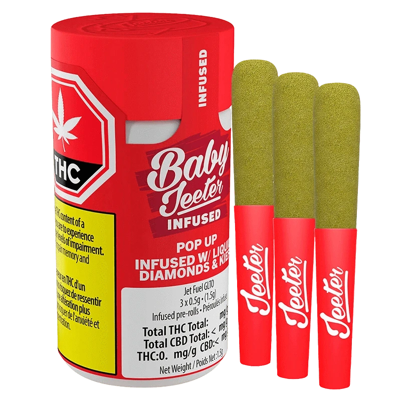 Angled front view of the red Baby Jeeter Infused Pop Up Infused PR 3 x 0.5 g canister with three green-topped pre-rolls standing beside it.