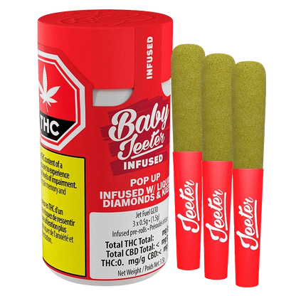 Angled front view of the red Baby Jeeter Infused Pop Up Infused PR 3 x 0.5 g canister with three green-topped pre-rolls standing beside it.