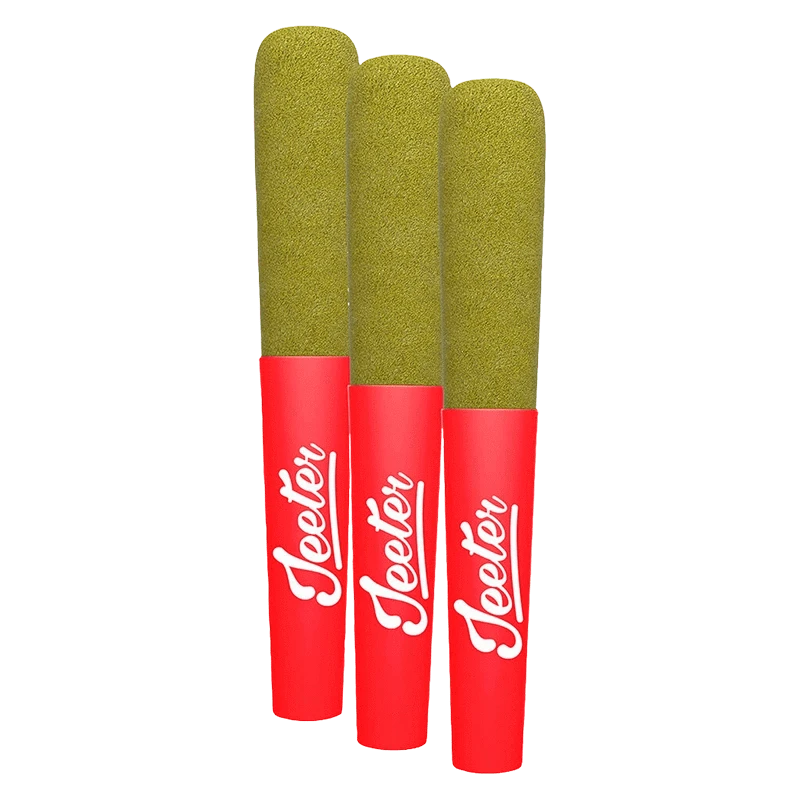 Three quarter view of three green-tipped Pop Up Infused PR 3 x 0.5 g pre-rolls with red Jeeter branded tips standing side by side.