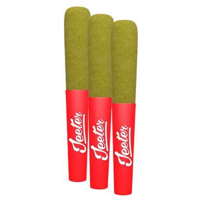 Three quarter view of three green-tipped Pop Up Infused PR 3 x 0.5 g pre-rolls with red Jeeter branded tips standing side by side.
