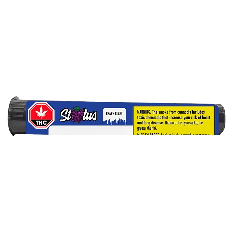 Side-on view of the blue Grape Blast Liquid Diamond Infused PR 1 x 1 g tube with grape logo and a yellow warning panel.