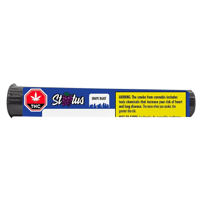 Side-on view of the blue Grape Blast Liquid Diamond Infused PR 1 x 1 g tube with grape logo and a yellow warning panel.