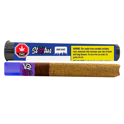 Horizontal product shot of Grape Blast Liquid Diamond Infused PR 1 x 1 g showing the labeled blue tube and the grape-skinned blunt.