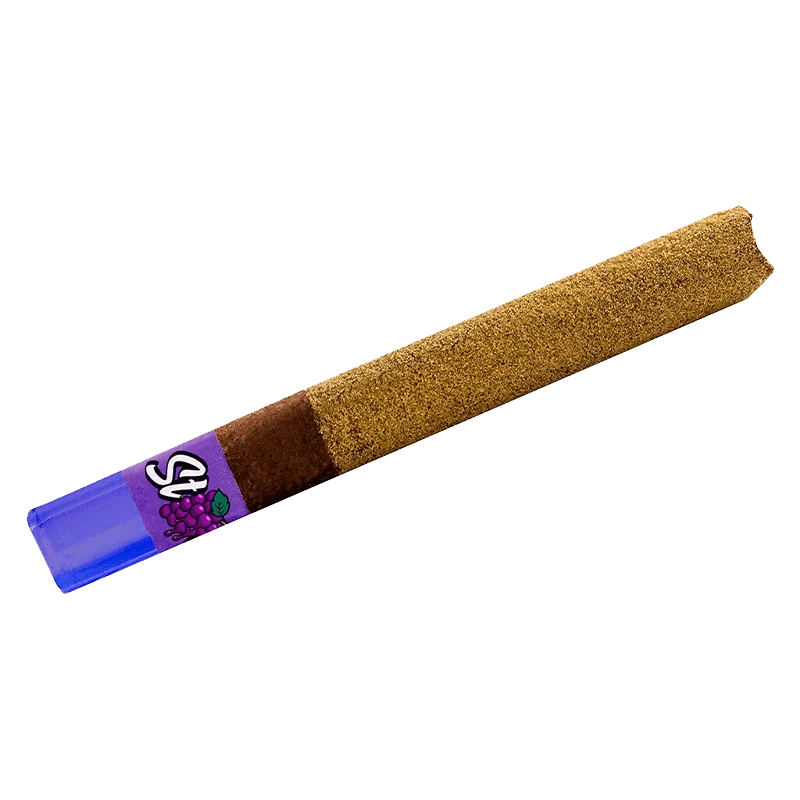 Angled close-up of a Grape Blast Liquid Diamond Infused PR 1 x 1 g pre-roll with a purple tip and textured brown coating.