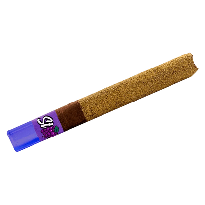Angled close-up of a Grape Blast Liquid Diamond Infused PR 1 x 1 g pre-roll with a purple tip and textured brown coating.