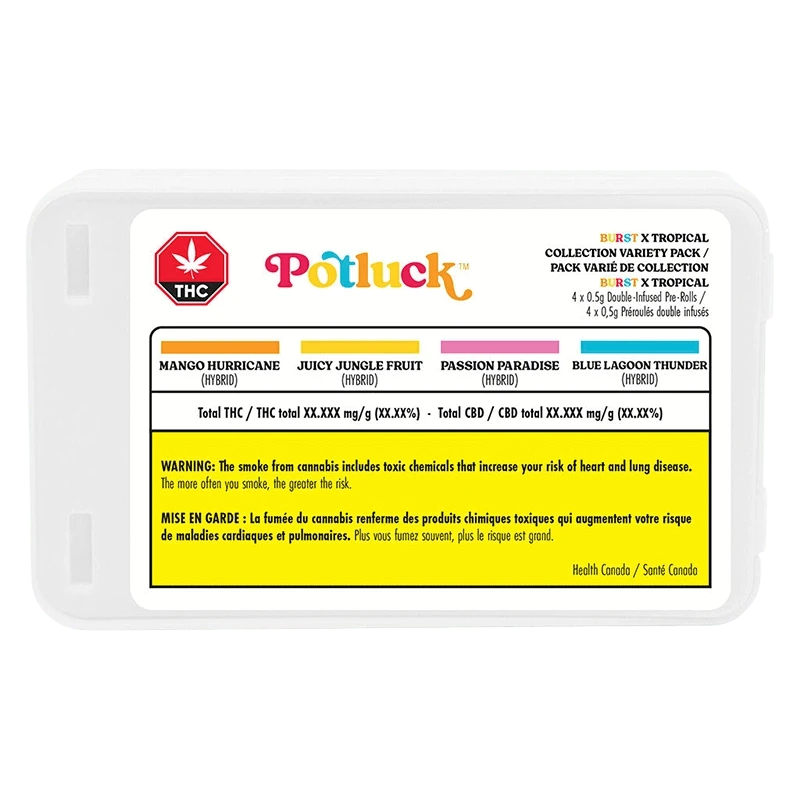 Top-down photo of the Tropical x Burst Collect Variety Infused PR 4 x 0.5 g white plastic pack label showing colorful Potluck branding and strain names.