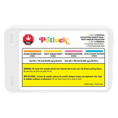 Top-down photo of the Tropical x Burst Collect Variety Infused PR 4 x 0.5 g white plastic pack label showing colorful Potluck branding and strain names.