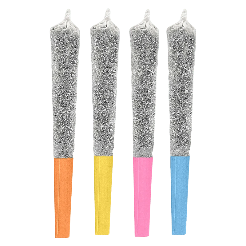 Front-facing view of four Tropical x Burst Collect Variety Infused PR 4 x 0.5 g pre-rolls with glittery silver paper and orange, yellow, pink, and blue tips.