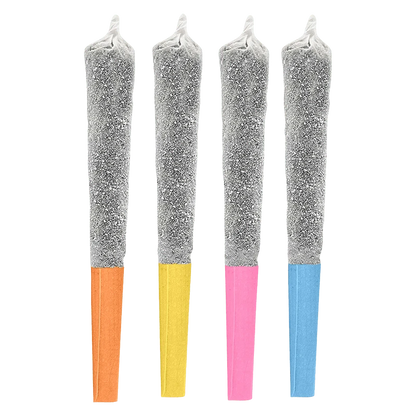 Front-facing view of four Tropical x Burst Collect Variety Infused PR 4 x 0.5 g pre-rolls with glittery silver paper and orange, yellow, pink, and blue tips.