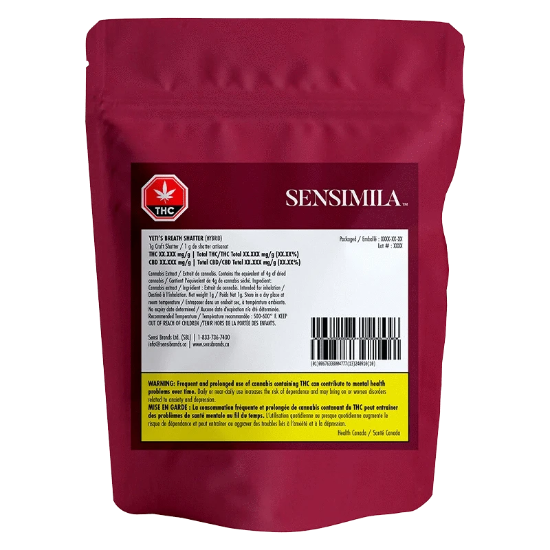 Back view of a maroon pouch labeled Sensimila Yeti's Breath Shatter with a white product label, barcode and yellow THC warning panel.