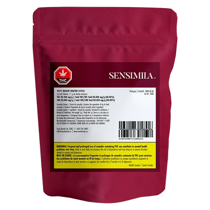 Back view of a maroon pouch labeled Sensimila Yeti's Breath Shatter with a white product label, barcode and yellow THC warning panel.
