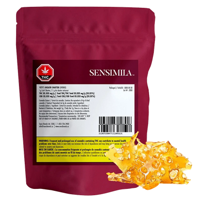 Front-facing shot of the Sensimila Yeti's Breath Shatter pouch in maroon with a white label and a golden amber shatter piece at the lower right.
