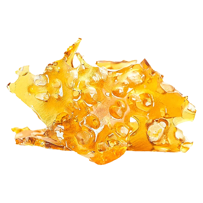 Close-up of amber, glass-like shards of Yeti's Breath Shatter with glossy, bubble-textured surfaces against a transparent background