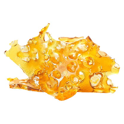 Close-up of amber, glass-like shards of Yeti's Breath Shatter with glossy, bubble-textured surfaces against a transparent background