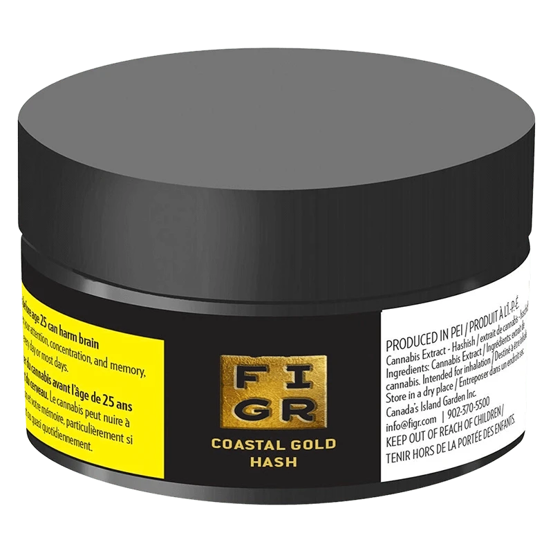 Angled close-up of a black jar labeled "Coastal Gold Hash" with a gold FIGR logo and warning panels on either side.