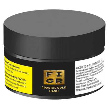 Angled close-up of a black jar labeled "Coastal Gold Hash" with a gold FIGR logo and warning panels on either side.
