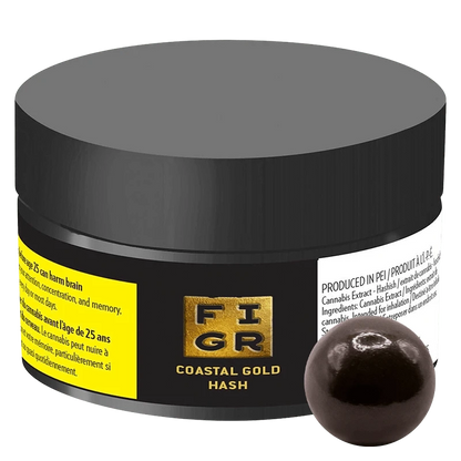 Front three-quarter view of a black jar labeled Coastal Gold Hash showing a textured gold FIGR logo and a shiny dark resin ball beside it.