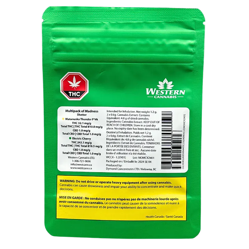 Rear view of the green Western Cannabis Orange Creamsicle Shatter pouch showing a white info label, THC symbol, and yellow warning panel.