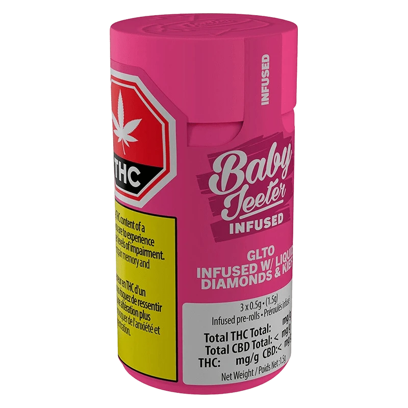 Angled front view of a bright pink Baby Jeeter GLTO Infused PR 3 x 0.5 g cylinder showing bold logos and warning labels.