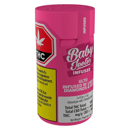Angled front view of a bright pink Baby Jeeter GLTO Infused PR 3 x 0.5 g cylinder showing bold logos and warning labels.