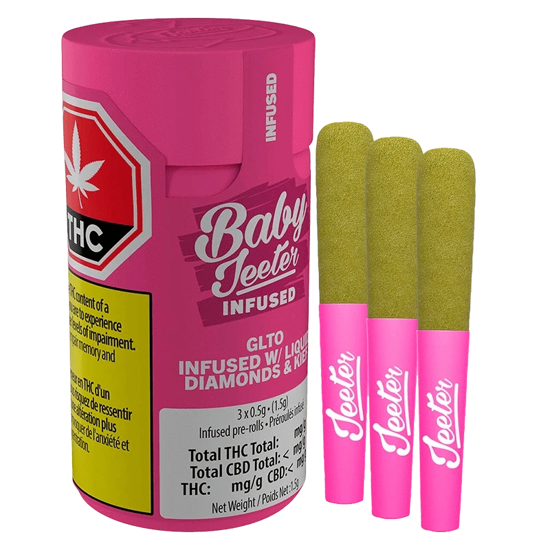 Three-quarter view of a pink container and three matching pink-filtered pre-rolls labeled Baby Jeeter GLTO Infused PR 3 x 0.5 g, standing upright.