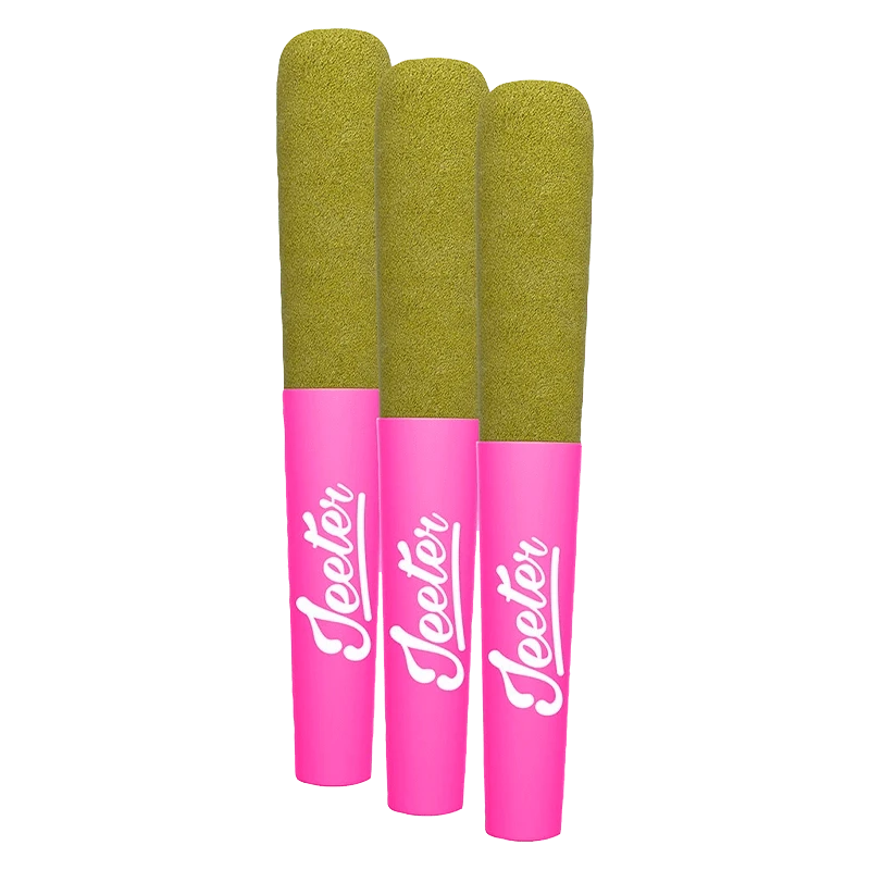 Three-quarter front view of three olive-green tipped pink tubes labeled "Jeeter," the Baby Jeeter GLTO Infused PR 3 x 0.5 g.