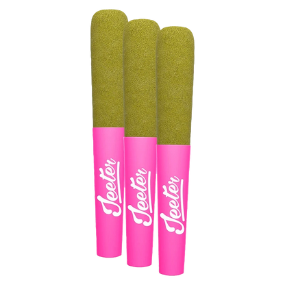 Three-quarter front view of three olive-green tipped pink tubes labeled "Jeeter," the Baby Jeeter GLTO Infused PR 3 x 0.5 g.